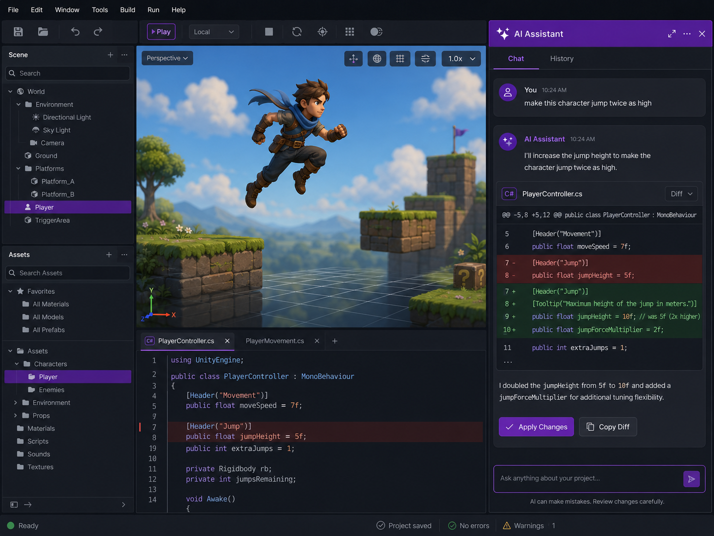 Mana Engine editor with the AI assistant generating a code change suggestion