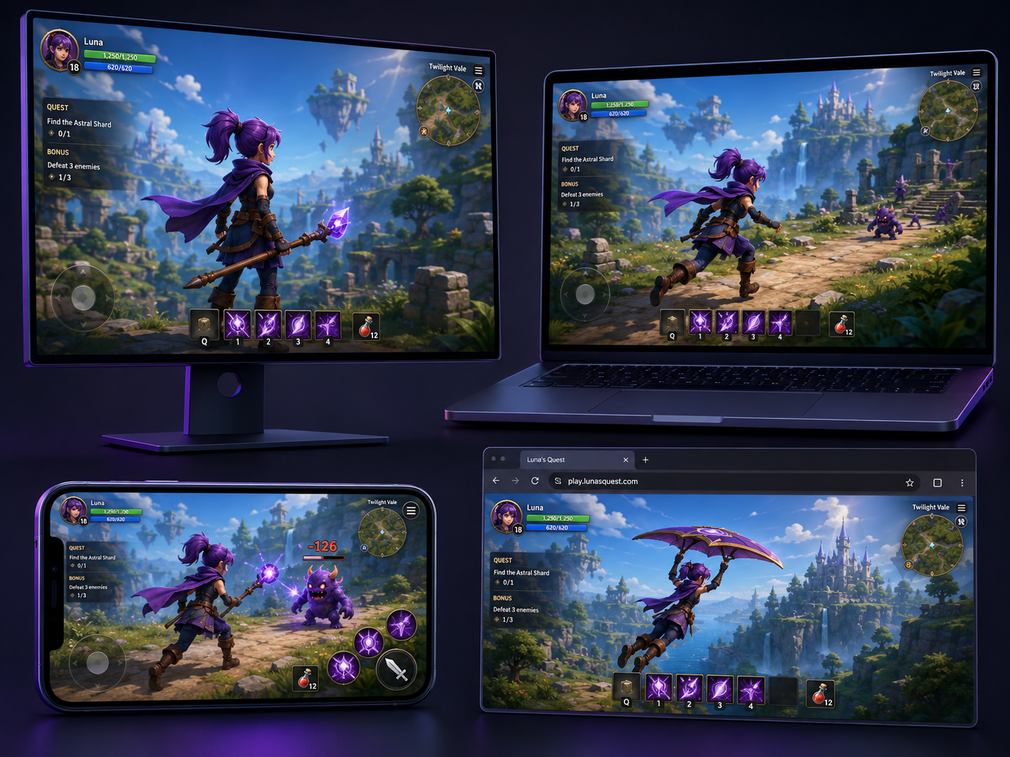 The same Mana Engine game running on desktop, laptop, mobile and web
